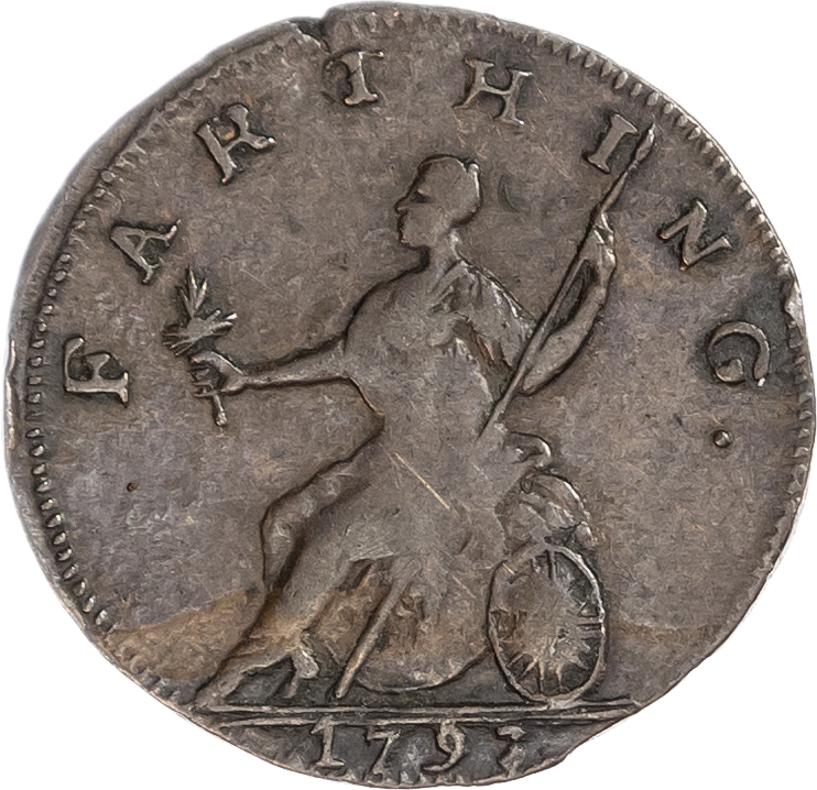 London, National Series, anonymous, crude Regal Evasion Farthing 1771