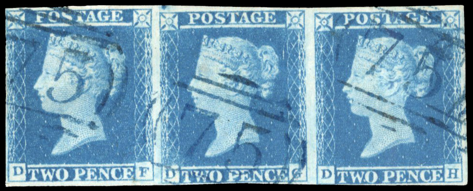 Great Britain 2d blue Plate 4 SG 14h used strip of three 