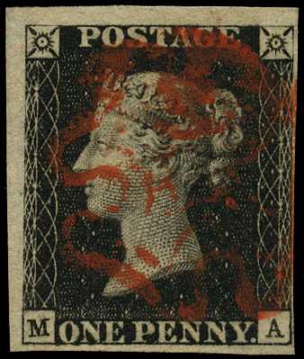 1840 1d black, plate 6 (MA) 4 margins, close...
