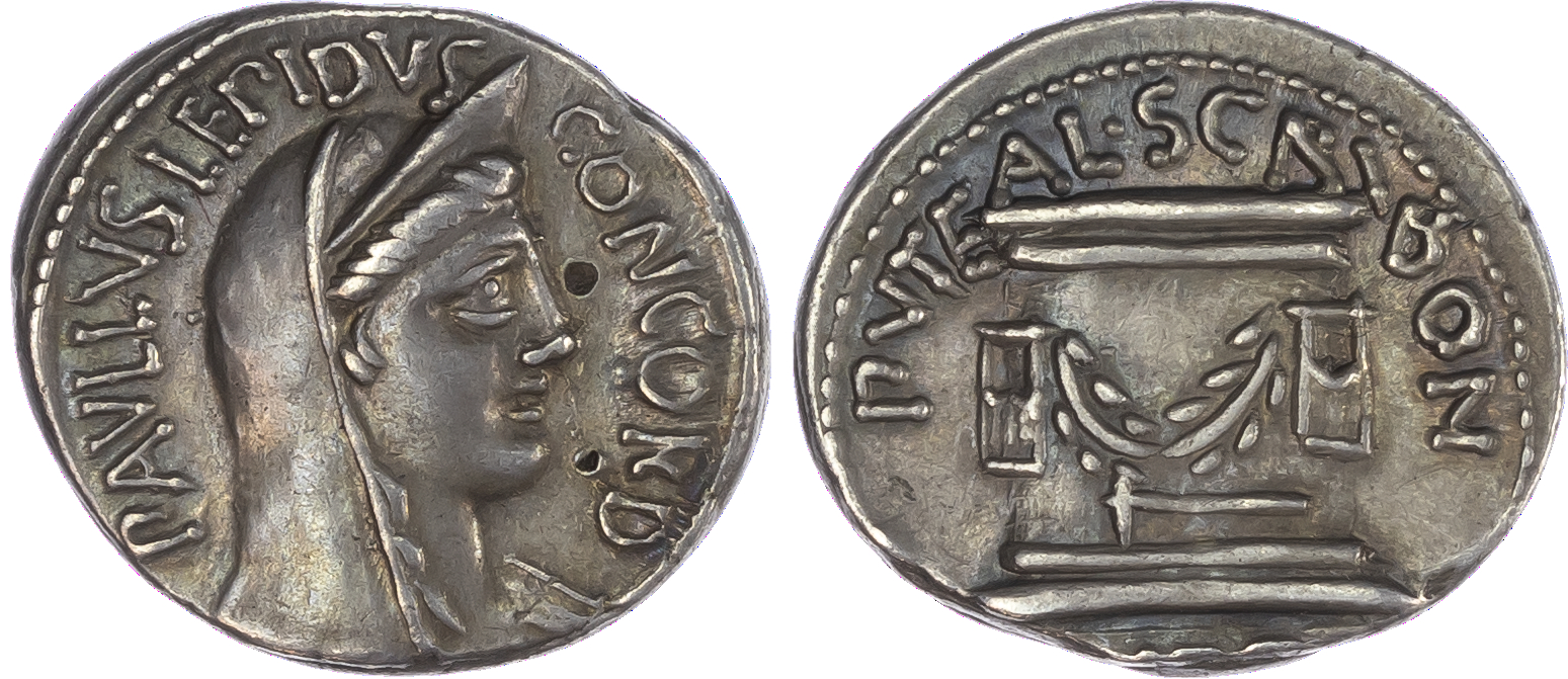 L. Aemilius Lepidus Paullus and L. Scribonius Libo (62 BC) AR Denarius, Rome, 3.78g. PAVLLVS LEPIDVS CONCORDIA, draped head