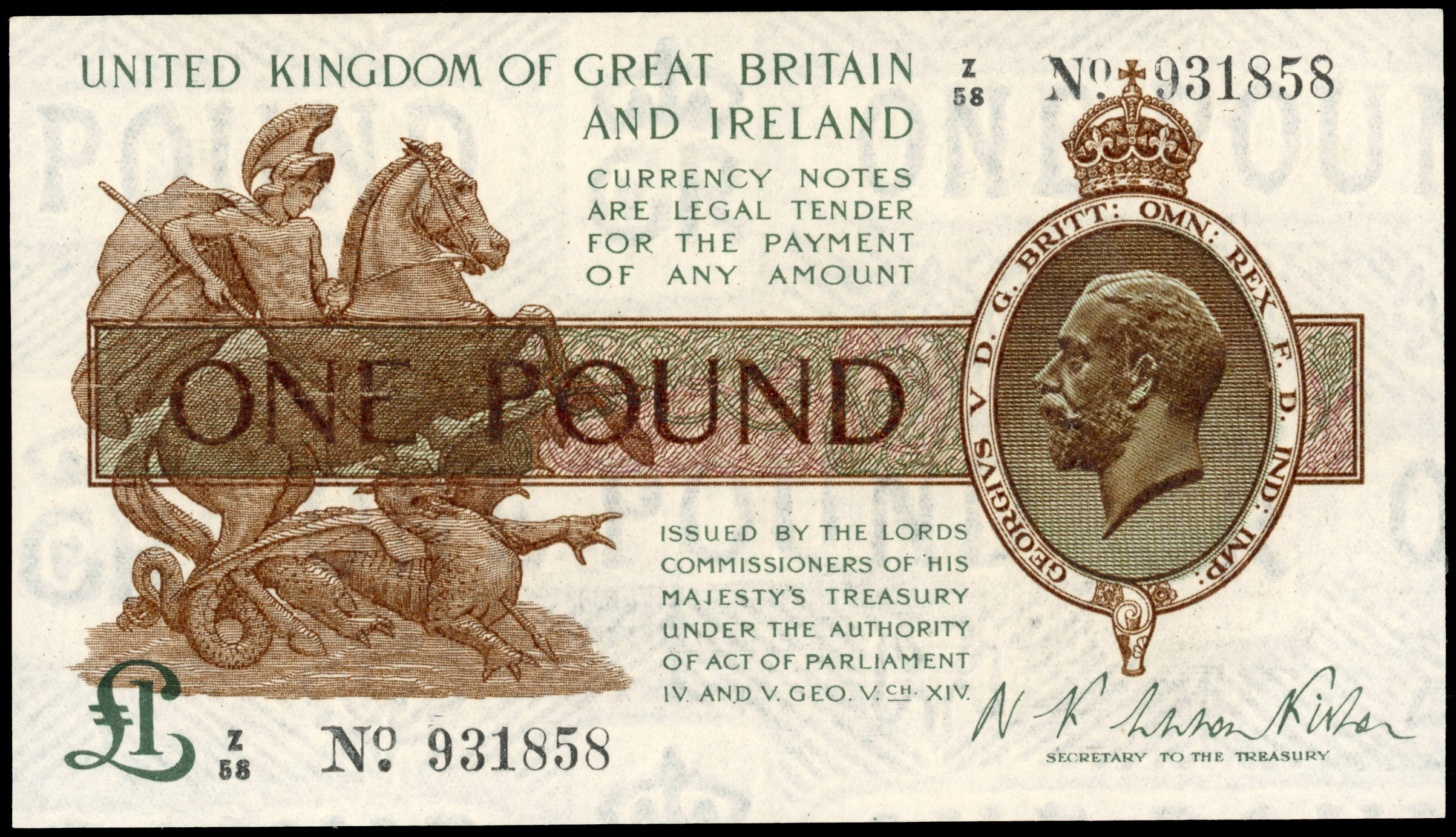 Treasury, N F Warren-Fisher, (first issue), One Pound, Sept. 1919, Z/58 931858, (Dugg. T24). Extremely Fine.…