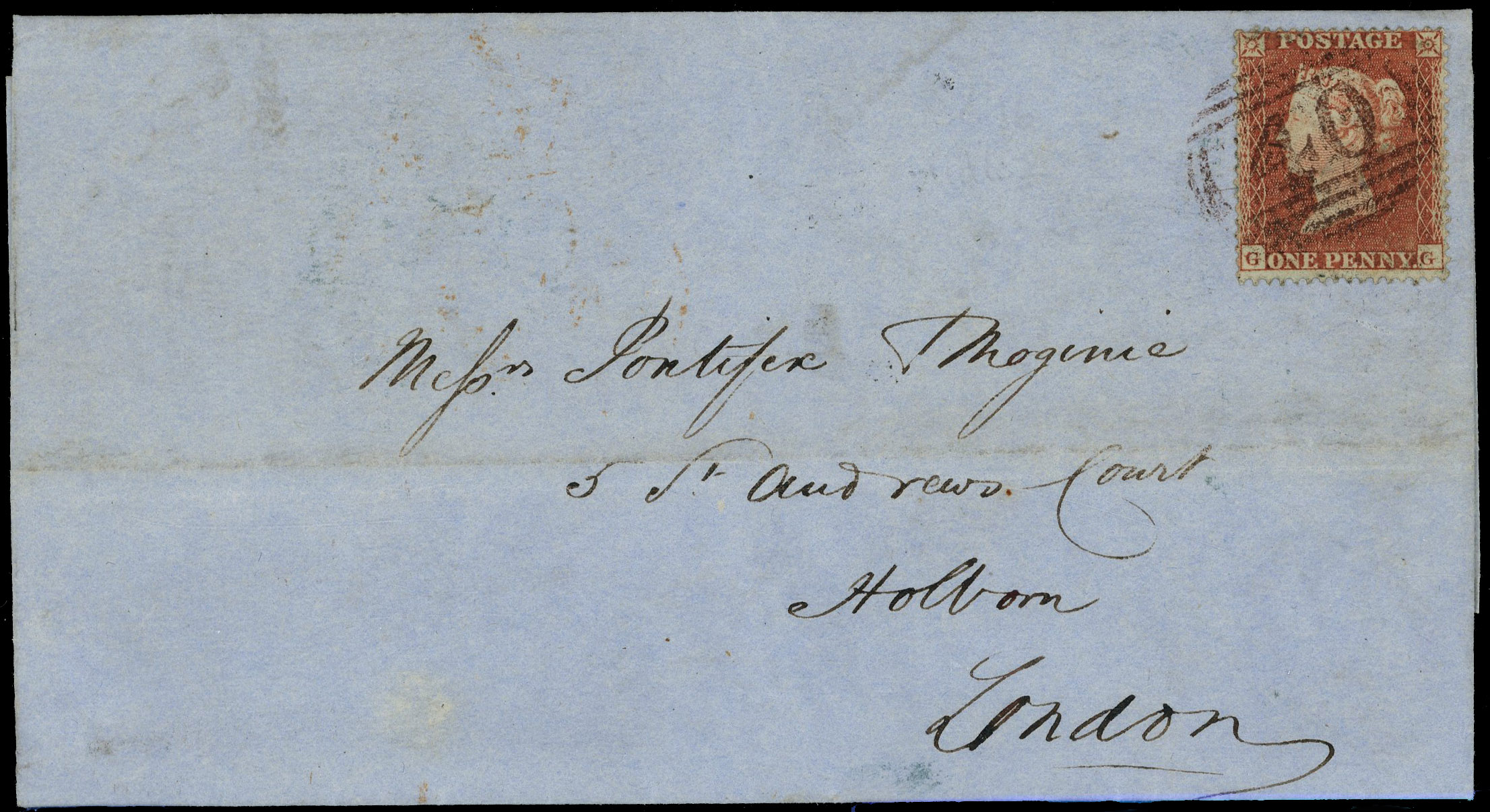 1854 1d Red-brown Pl.R2. Brown bagshot numeral