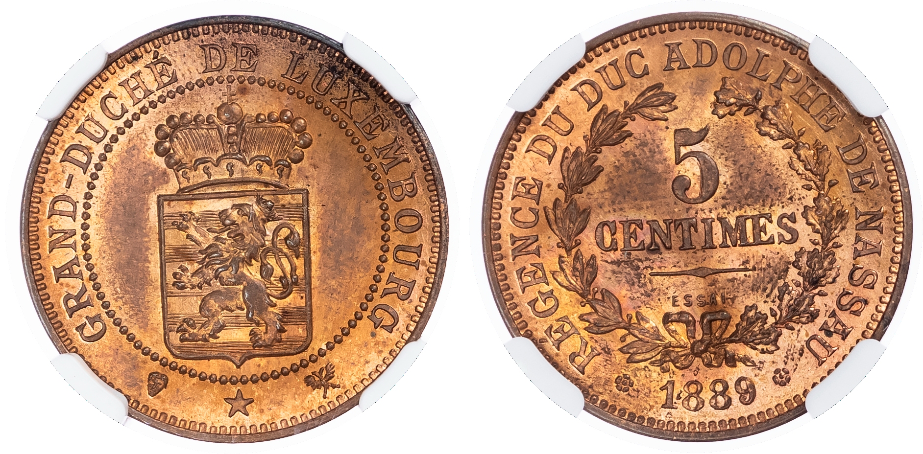 Luxembourg. Adolphus CU ESSAI 5 Centimes. 1889. 