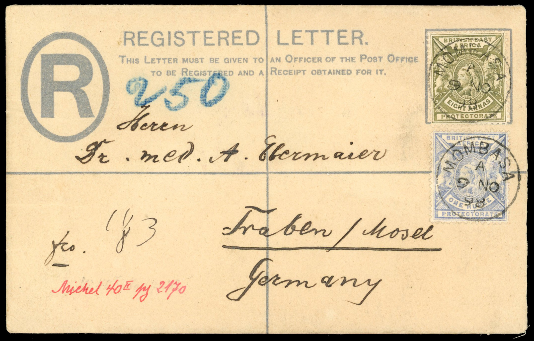BEA 1898 2a registered stationery envelope with added 8a, 1r to Germany