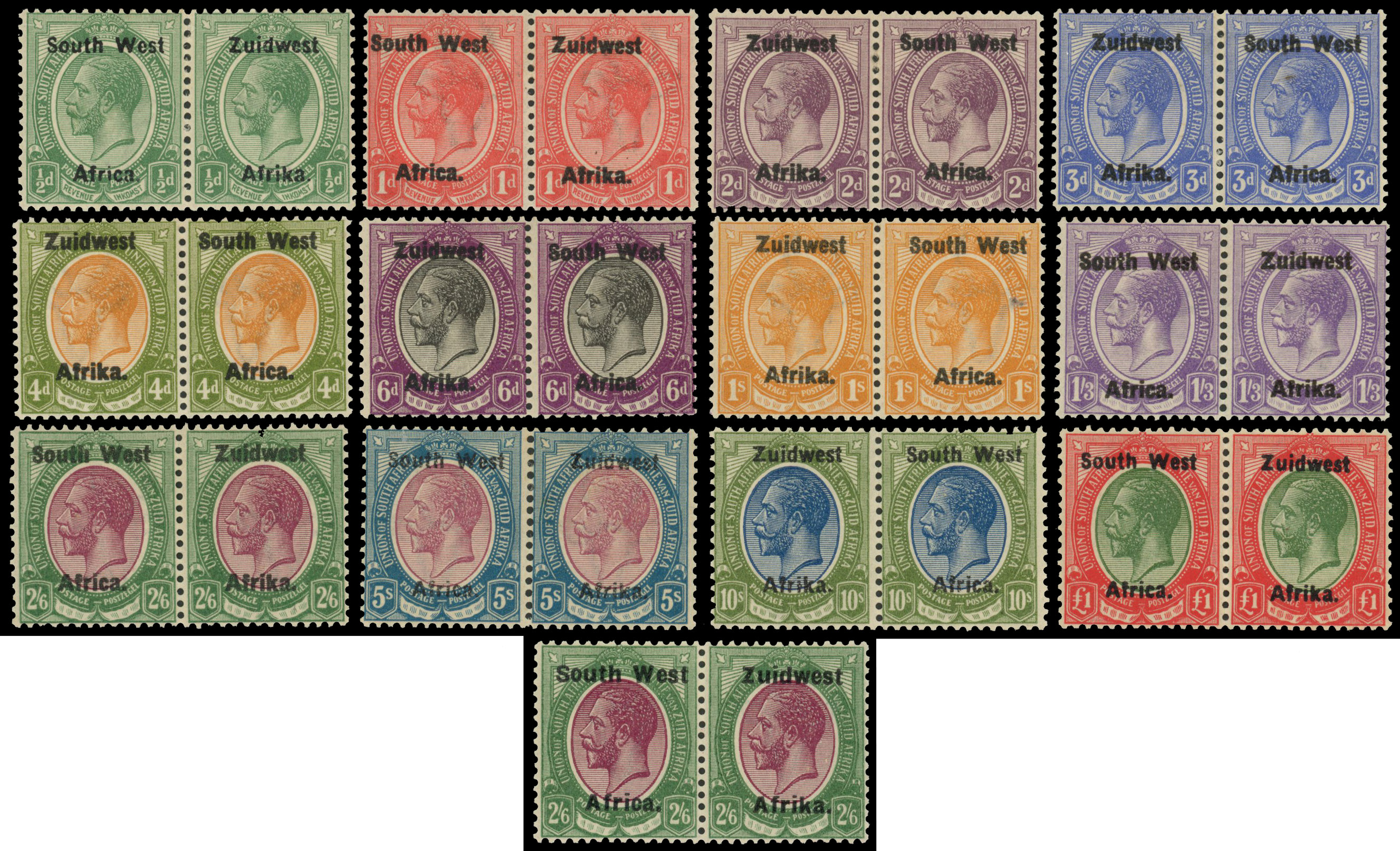 SWA South West Africa 1923-36 set of 12 horizontal pairs to £1, setting III S.G. 16/28 cat £850