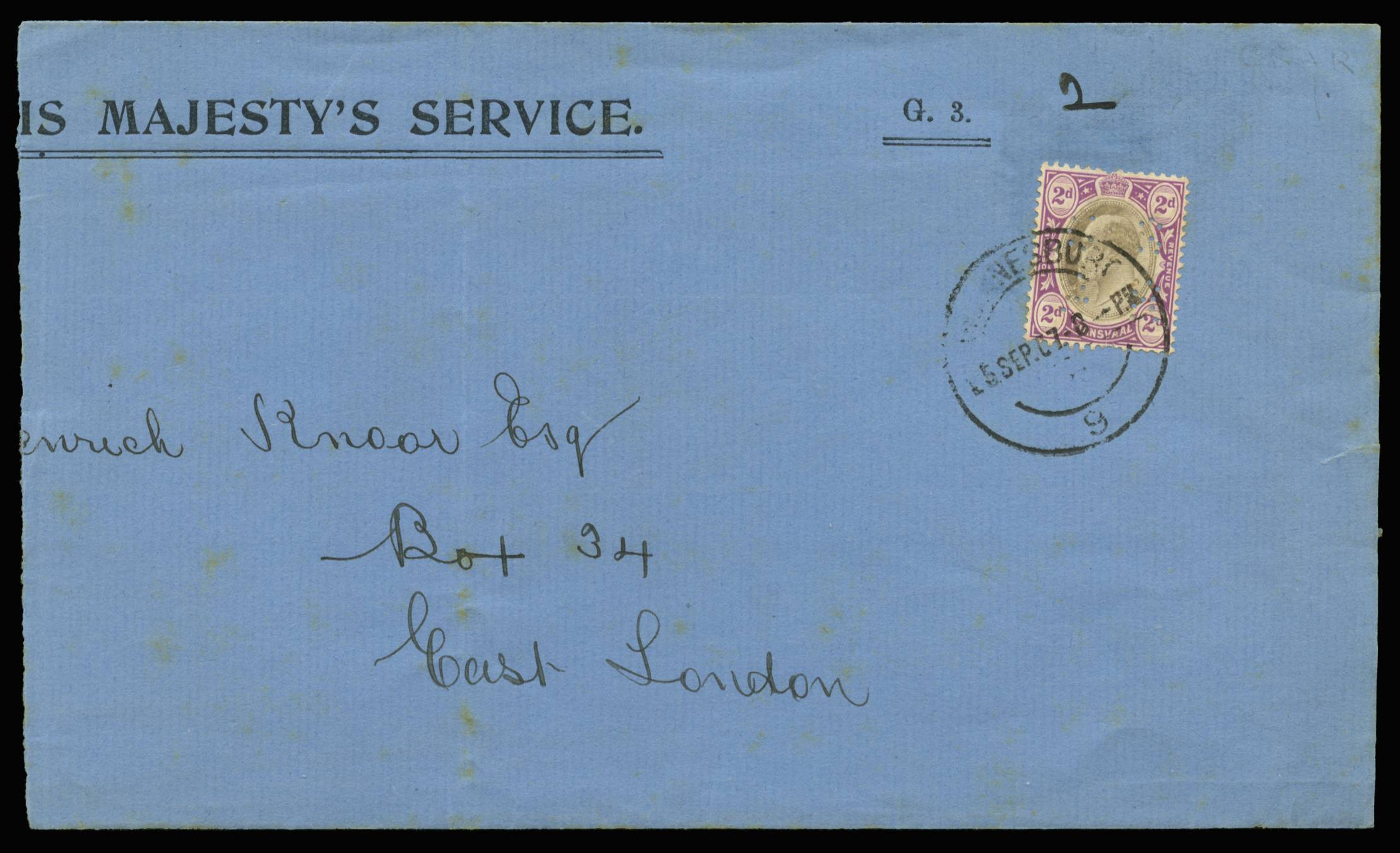 TRANSVAAL SG RO13 1907 CSAR PERFIN COVER