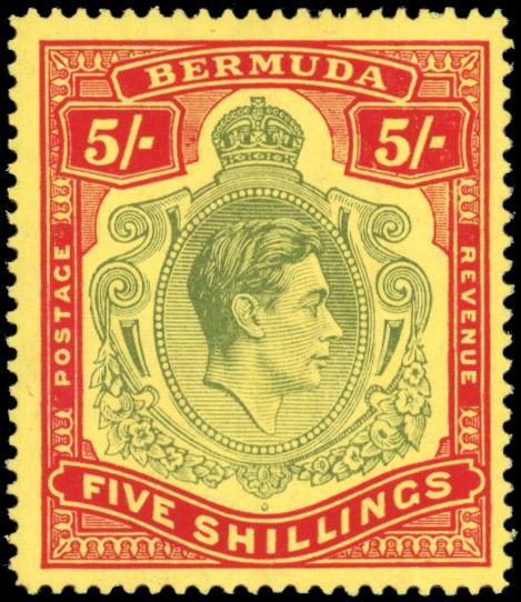Bermuda SG 118bc 1941 5s line perf lower right scroll with broken tail mint