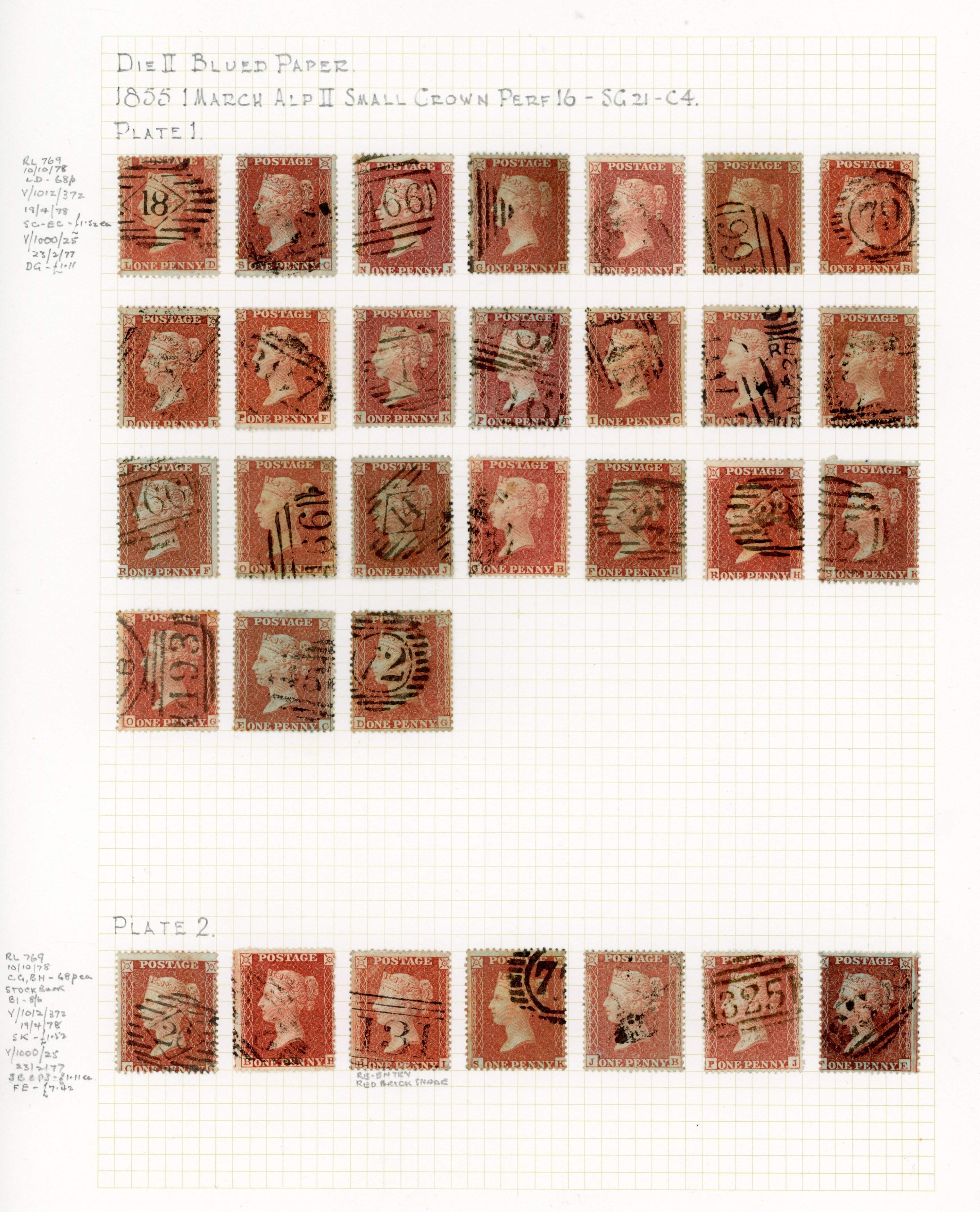 GB 1855 1d red-brown C4 plated collection used