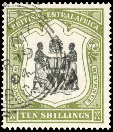 Nyasaland SG 50a 1897-1900 10/- black and olive-green used