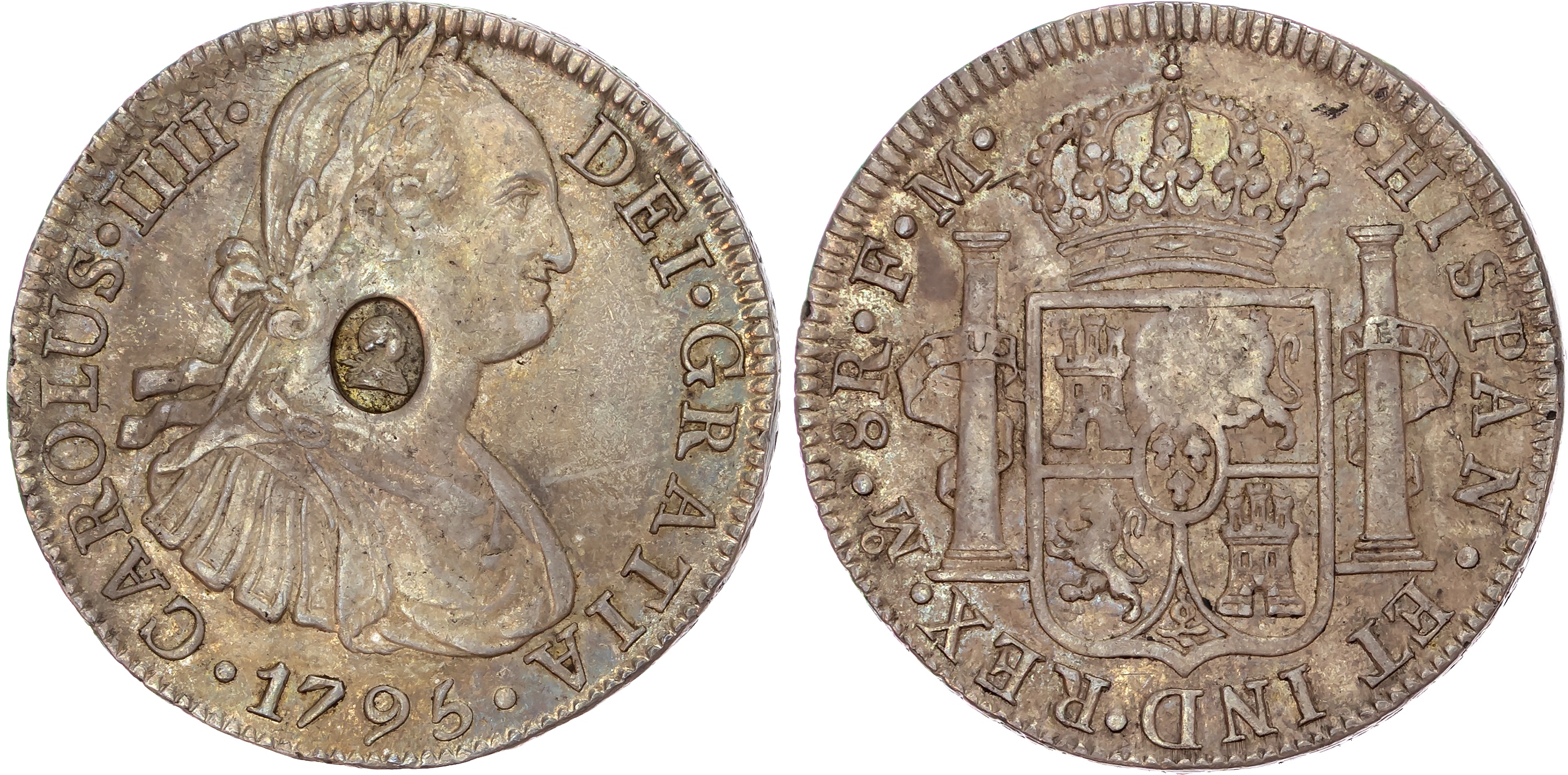 George III (1760-1820), Emergency Issues (1797-1799), Oval-shaped Countermark on AR Dollar (8 Reales) of Charles IV.