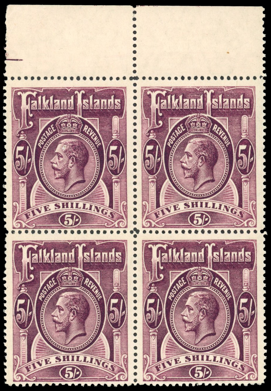 Falkland Is SG 67b 1916 5s maroon mint block