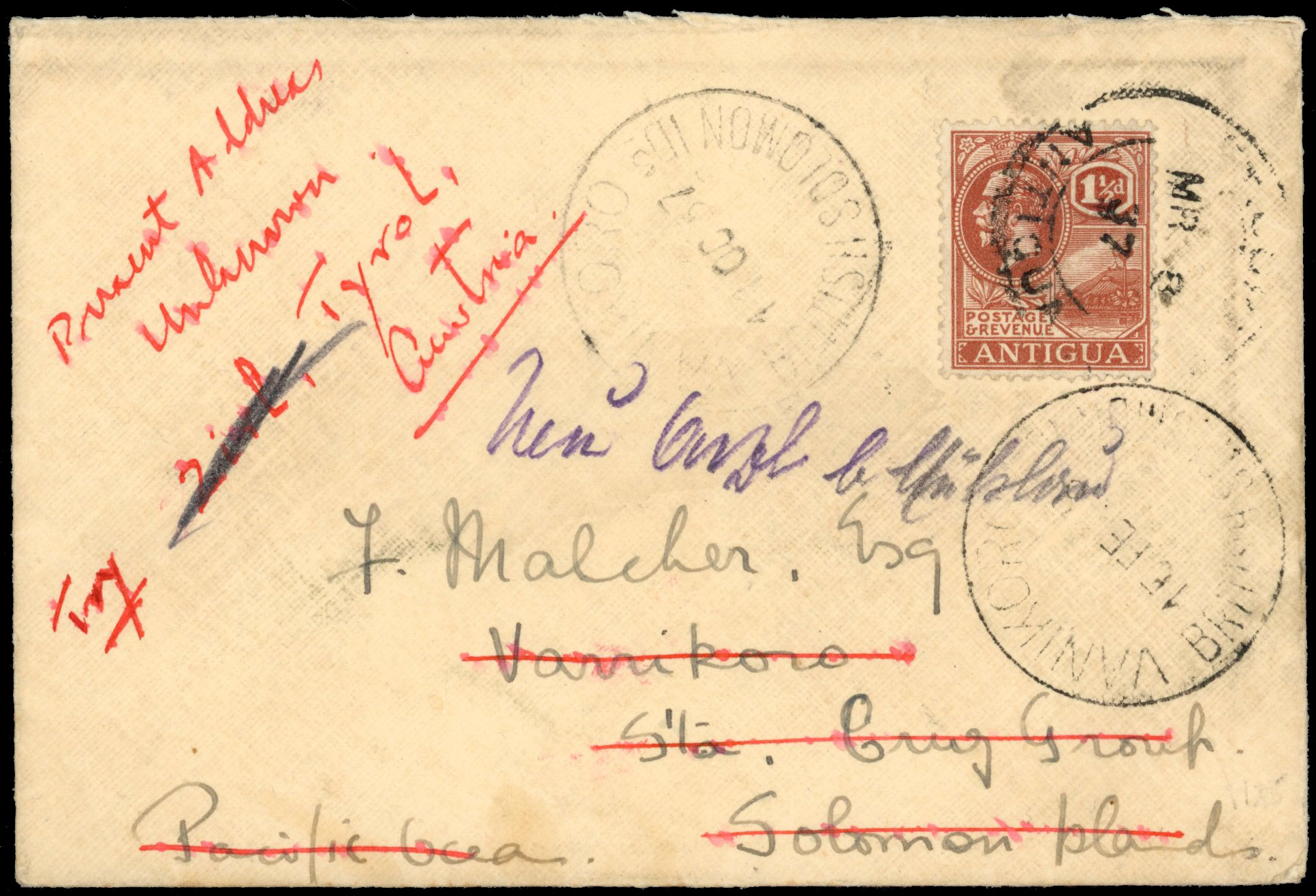 Antigua 1937 cover to Solomon Islands, redirected to Austria