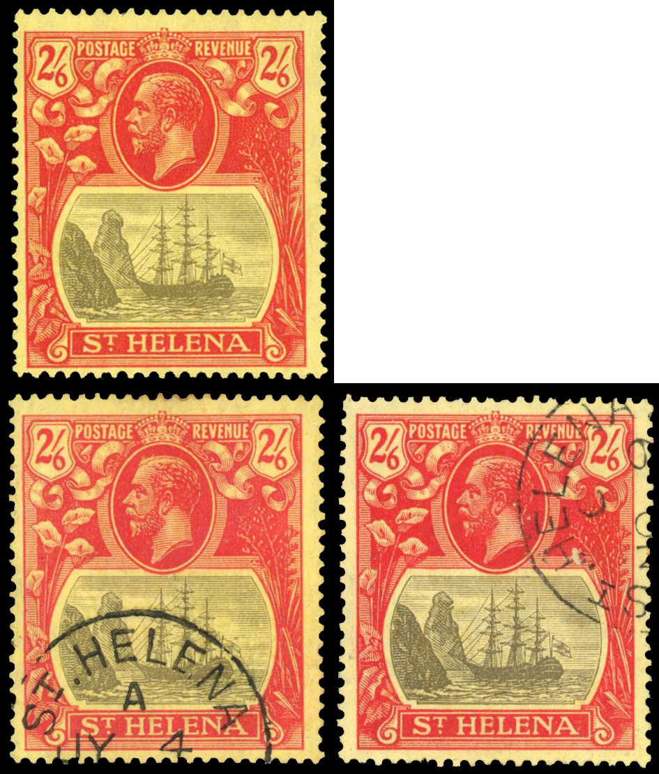 St Helena 1922-37 2s6d grey and red on yellow paper broken mainmast and cleft rock vars. SG 109a/c
