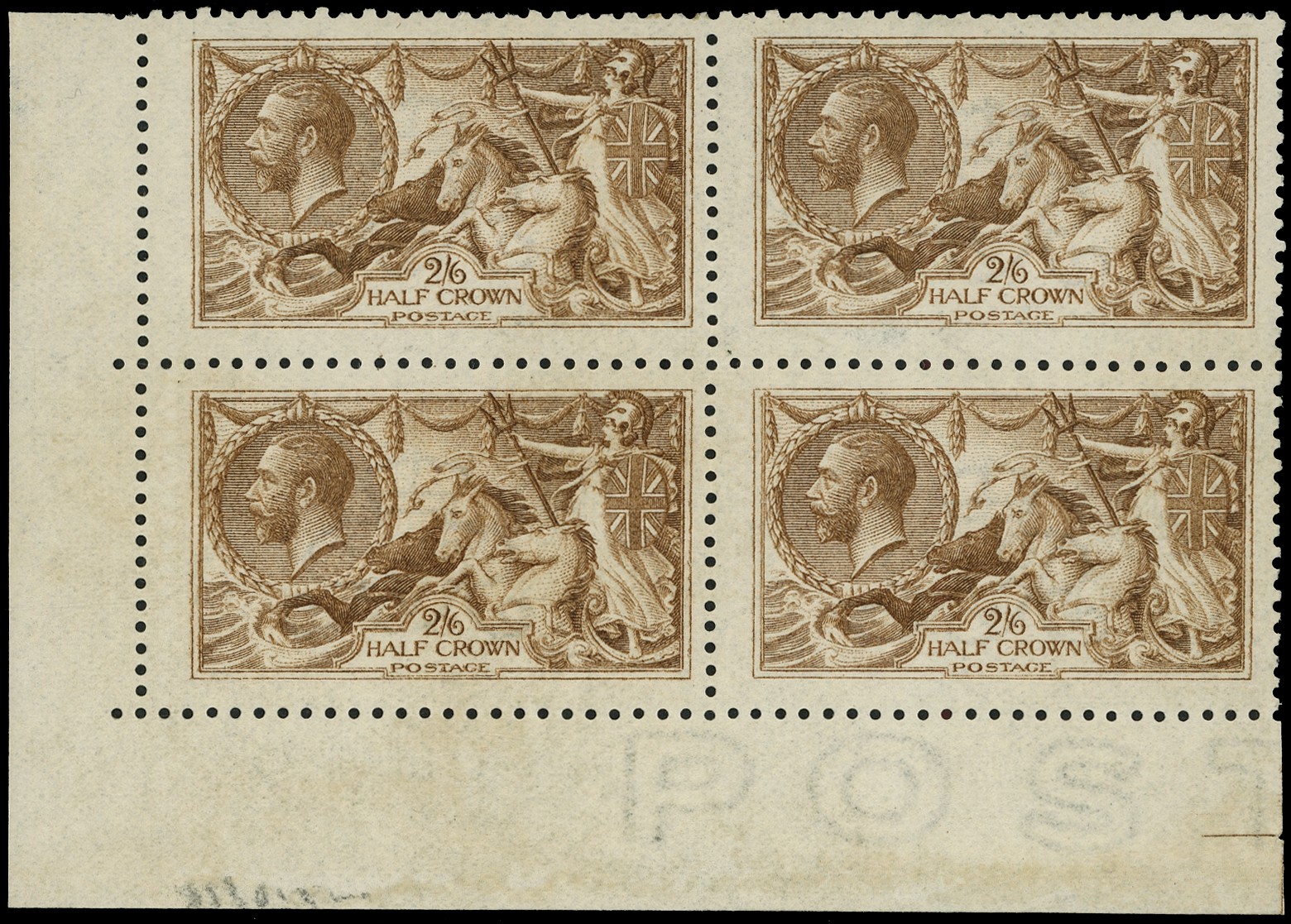1915 2/6d pale-yellow-brown, lower marginal block of four