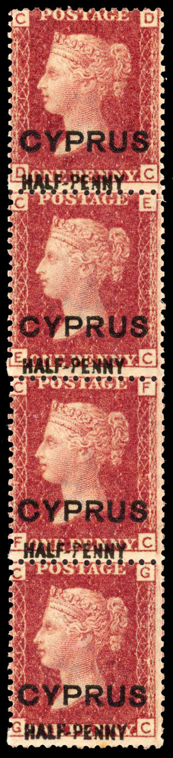 1881 Half-Penny on 1d red, 13mm surcharge, plate 215, vertical strip of 4 (DC-GC) top stamp hinged otherwise unmounted