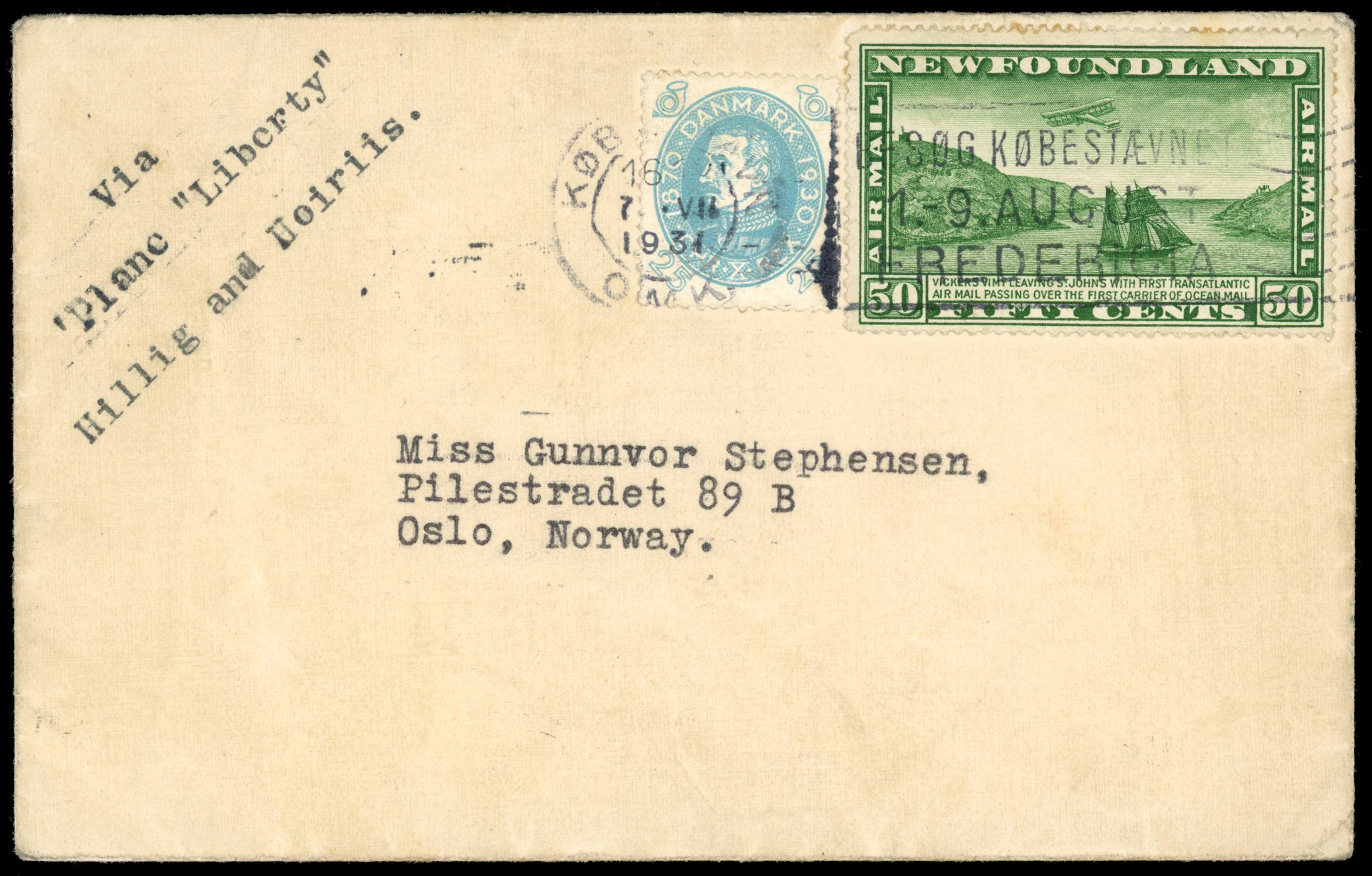 Newfoundland 1931 Hillig and Hoiriis cover to Norway via Denmark