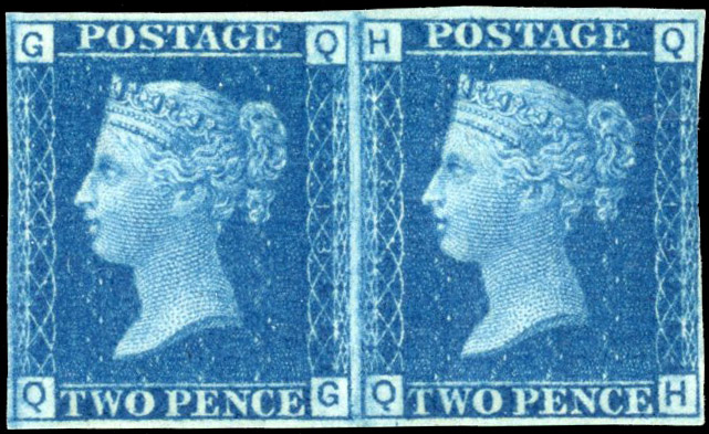 GB SG 46 1869 2d blue pair on Dr Perkins blued paper mint