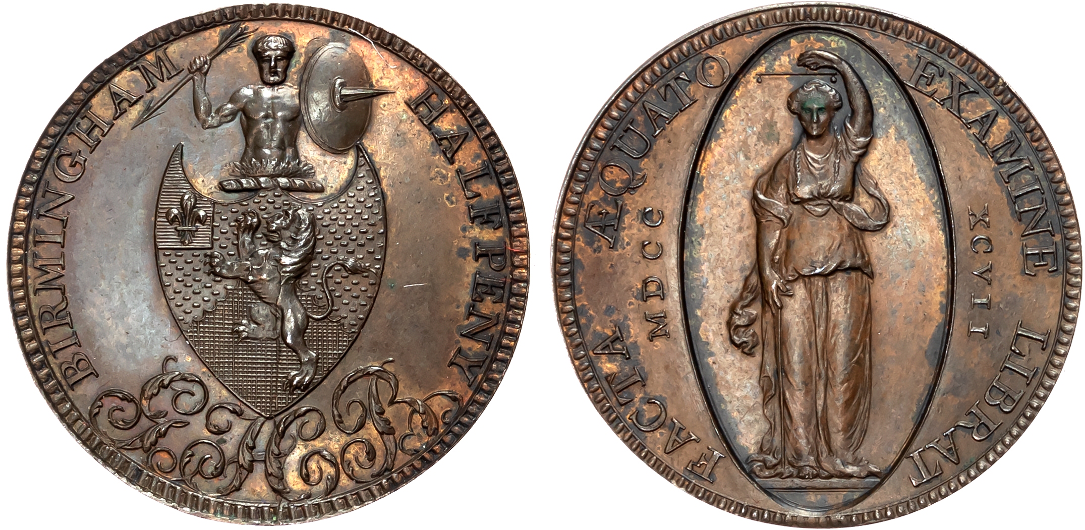 Warks. Birmingham , George Hollington Barker Halfpenny 1797, Family arms with crest of armed warrior above, rev . Figure …