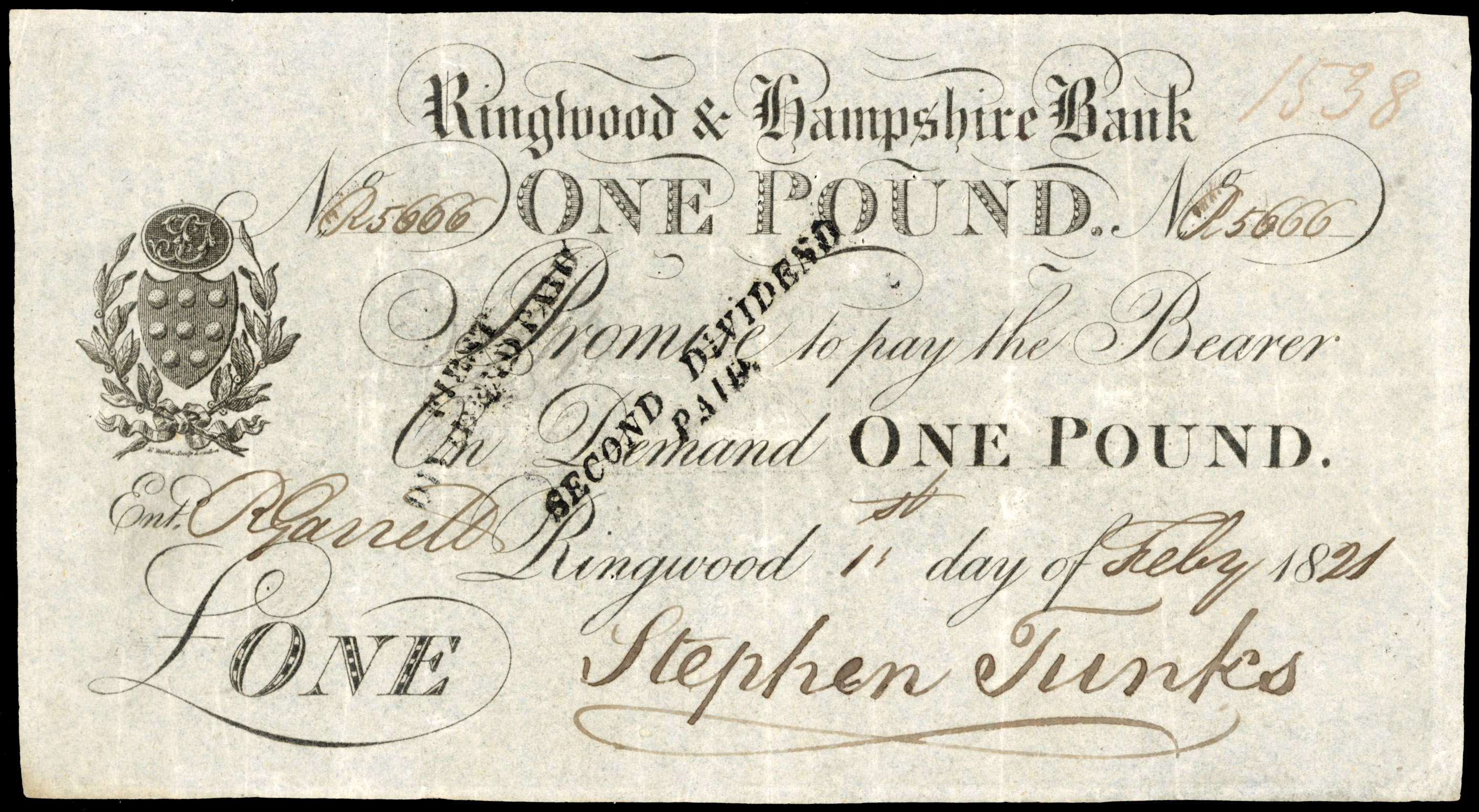 RINGWOOD, Ringwood & Hampshire Bank for (Stephen Funks), £1.,1 Feb 1821, signed Stephen Funks, serial no R5666…