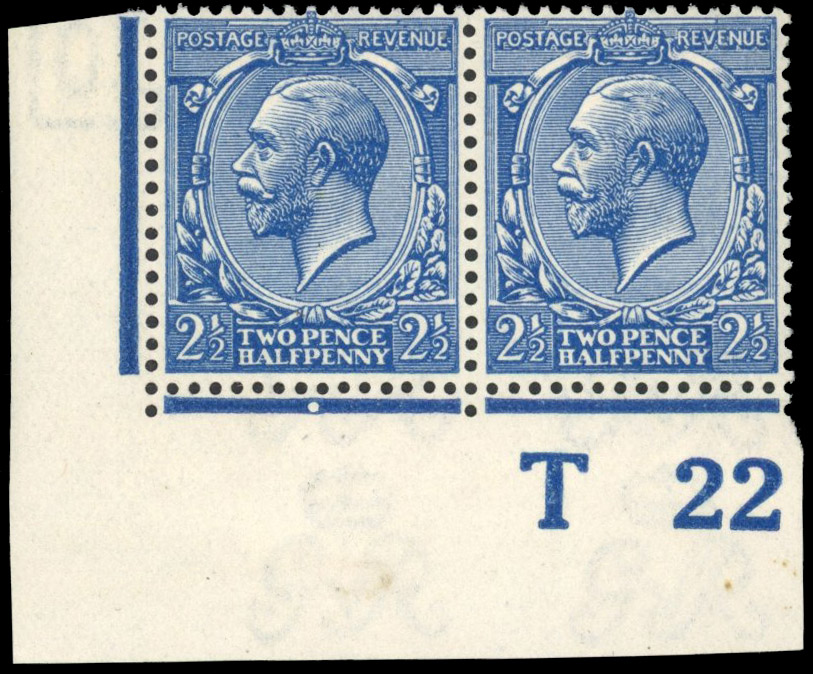 GB 1912-24 Royal Cypher 2½d deep bright blue, control T22 horizontal pair, mint unmounted o.g.