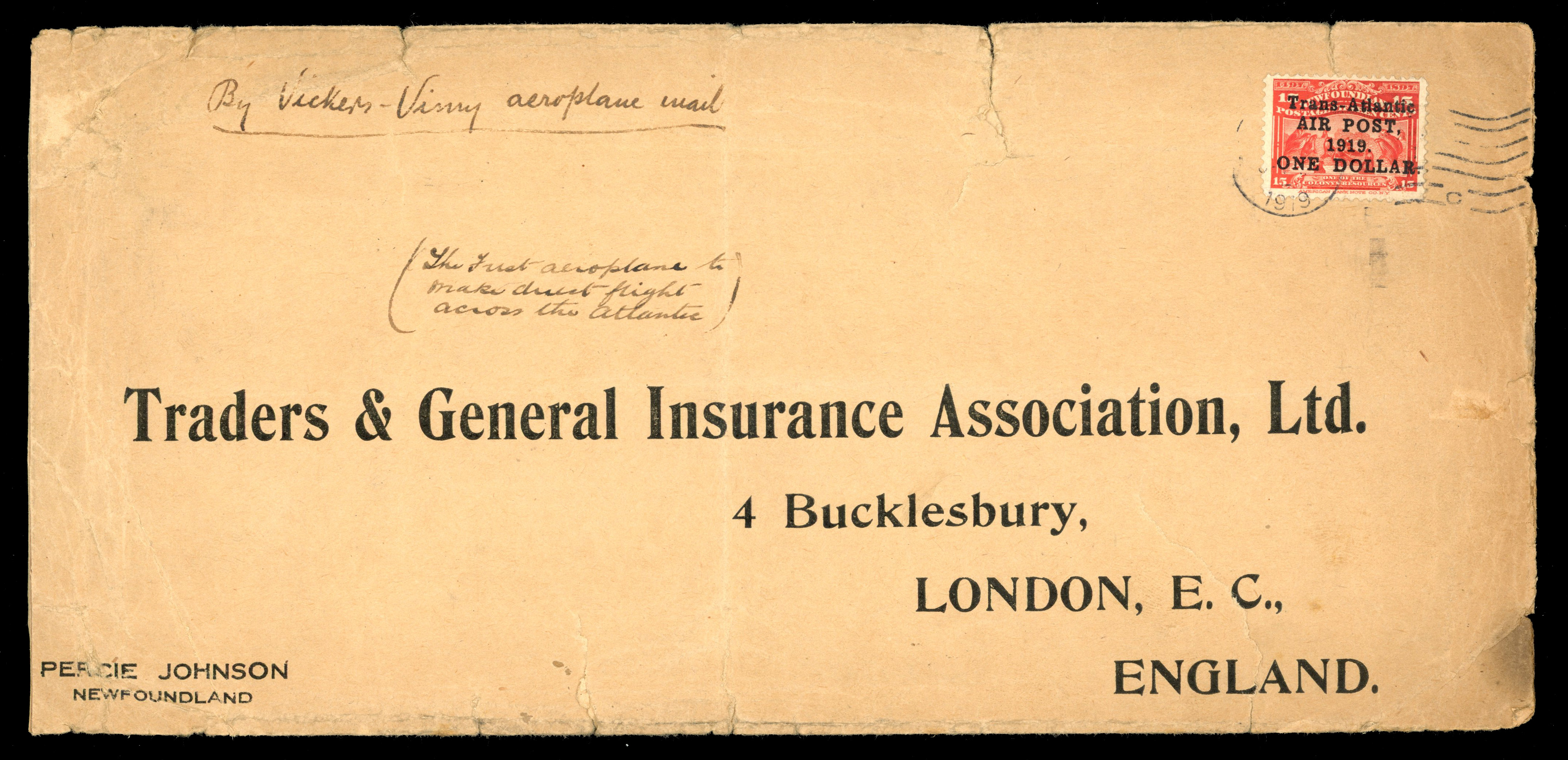 Newfoundland SG 143 on long Alcock & Brown flown cover to London