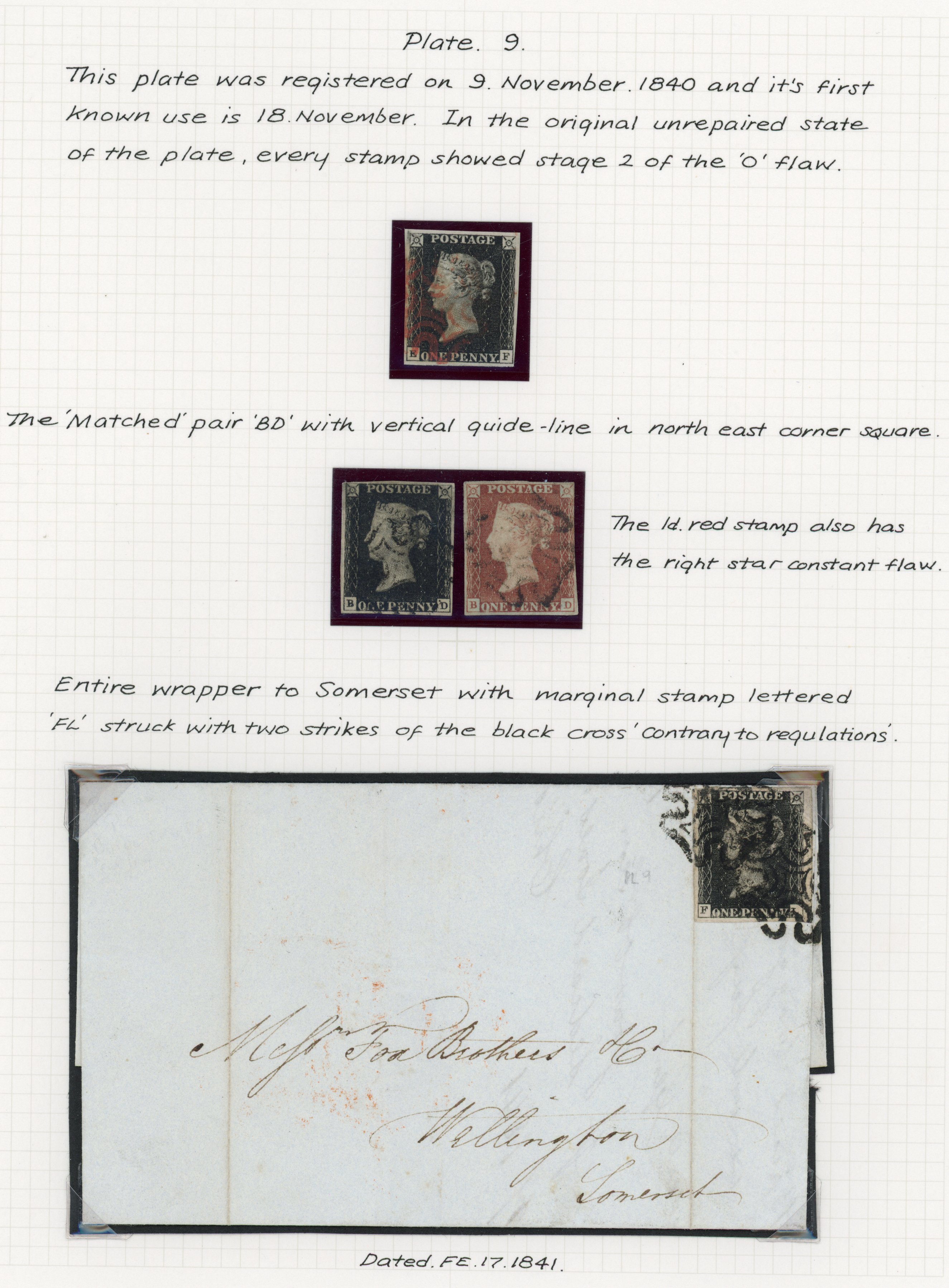 1840 1d Black Pl.9. Fine group of four adhesives 