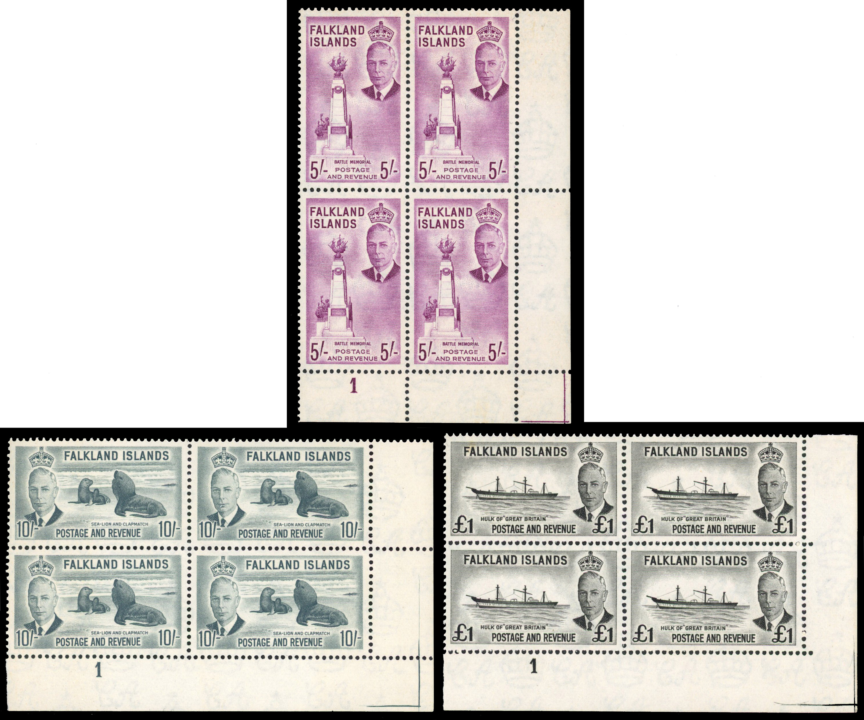 Falkland Islands SG 183-5 second printing Plate blocks mint