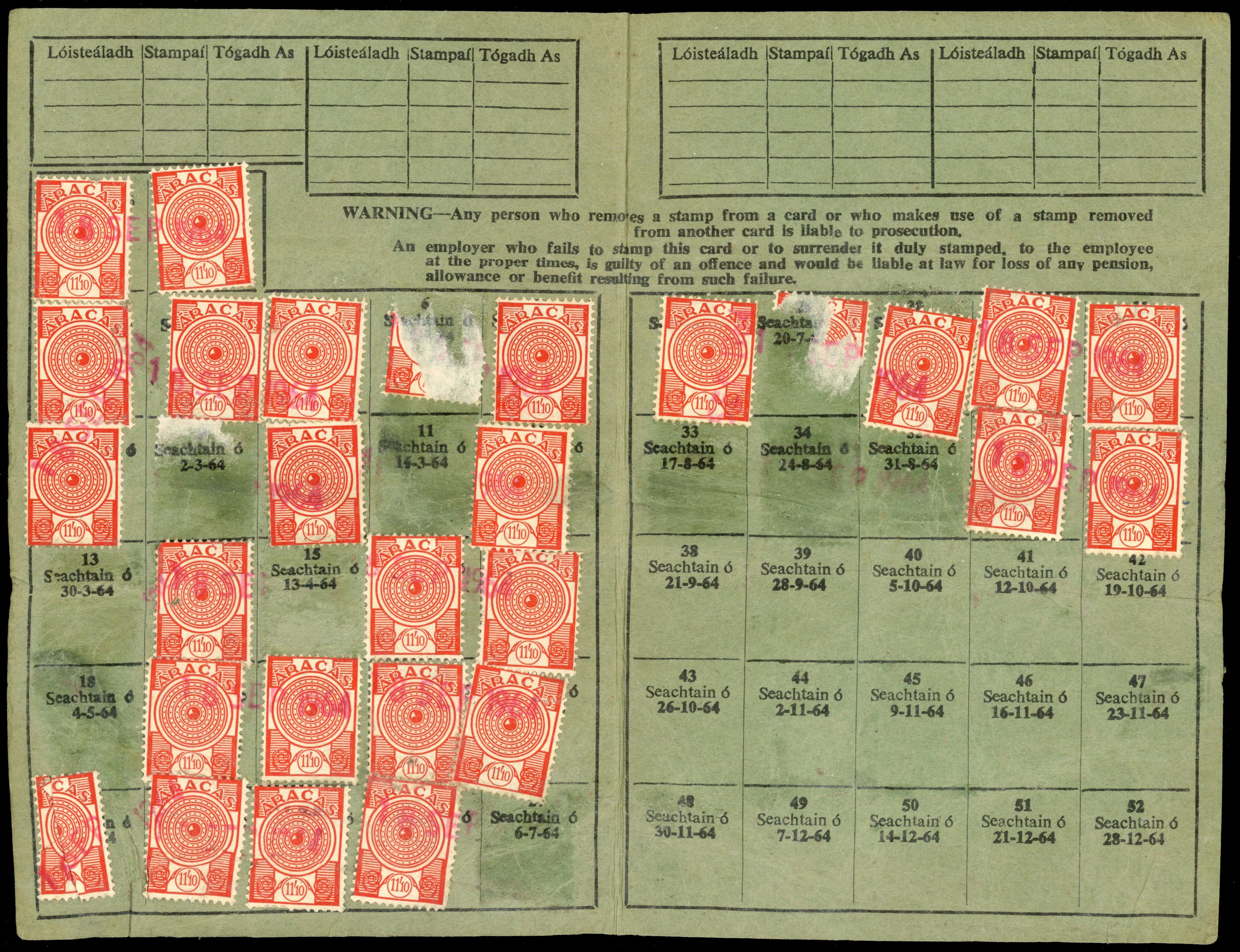 Ireland National Insurance 1964 Contribution Card