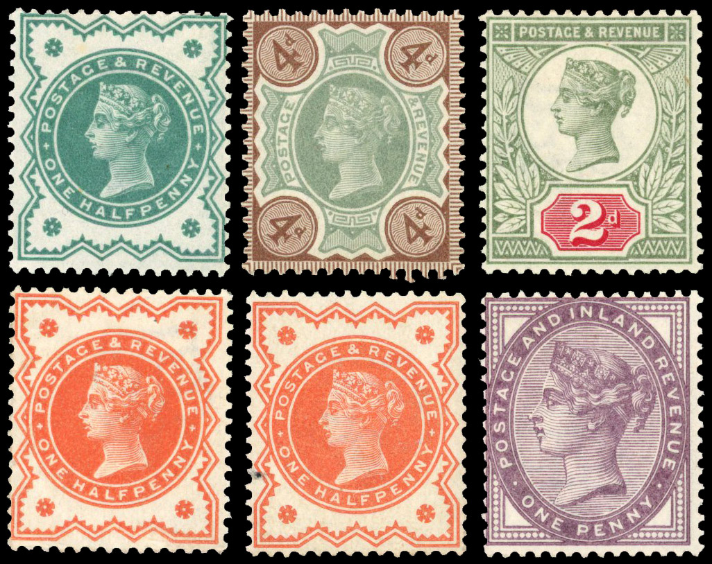 1887-1900 selection of six stamps all with inverted watermark