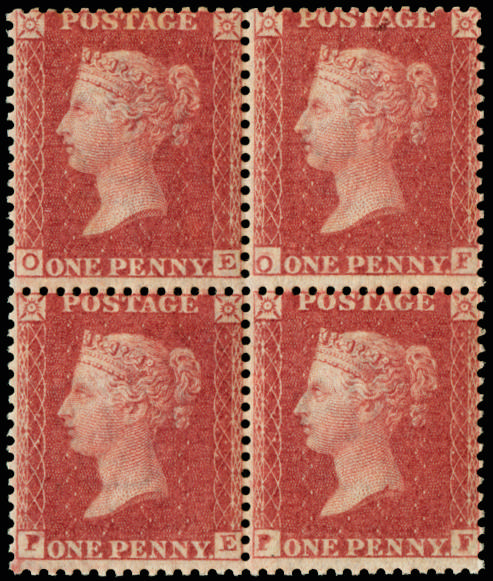 Great Britain 1862 1d Rose red Pl.R16. Very fine unmounted o.g. block of four of this difficult reserve plate lett…