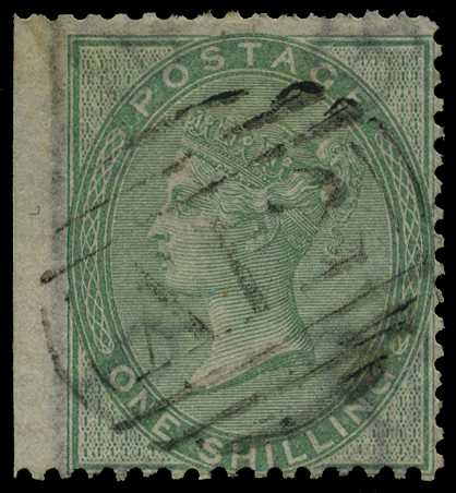 GB USED ABROAD: 1856 1s green left wing...