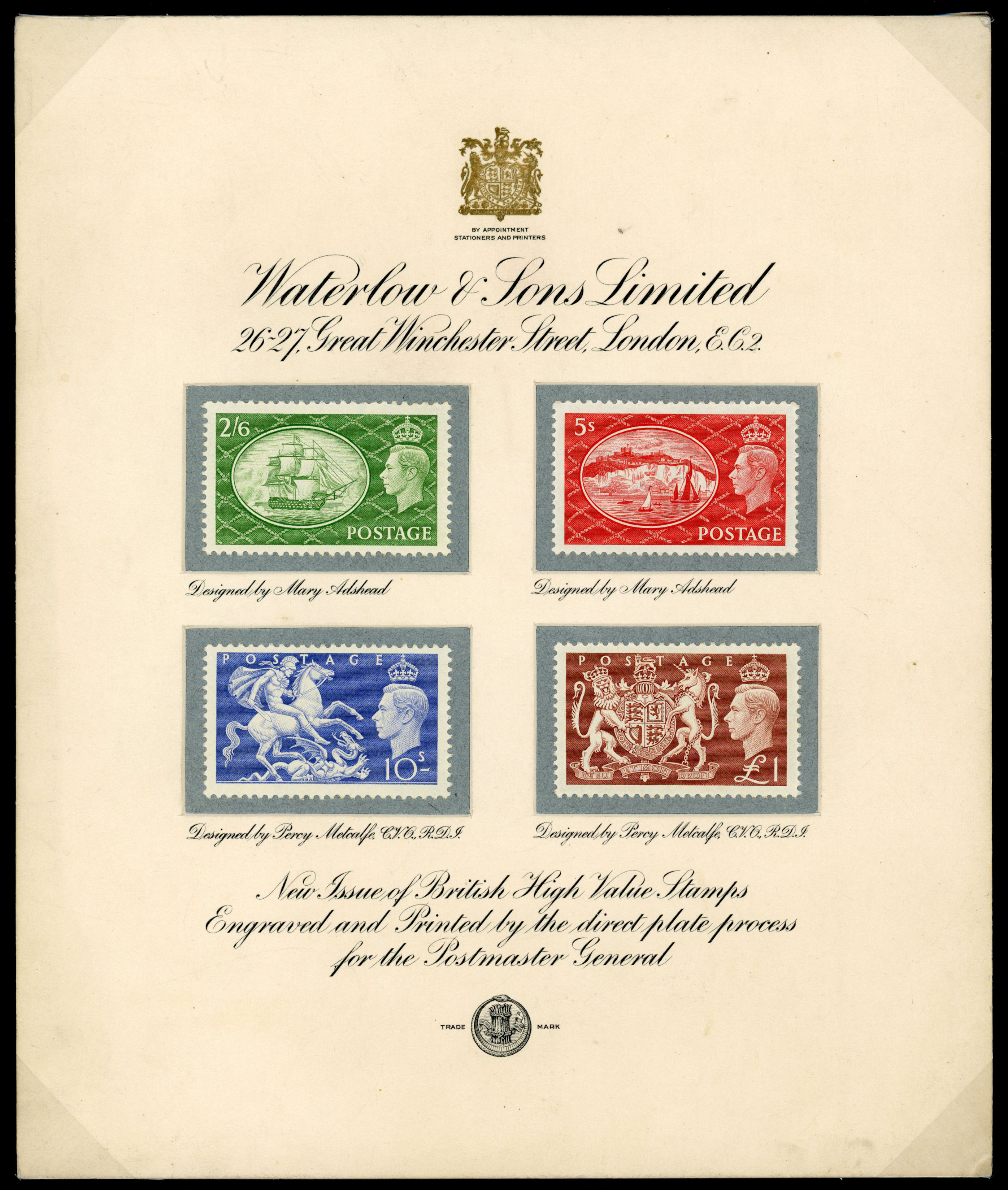 1951 Festival high values 2s6d to £1 set of four affixed to ‘Waterlow & Sons Limited’ presentation card