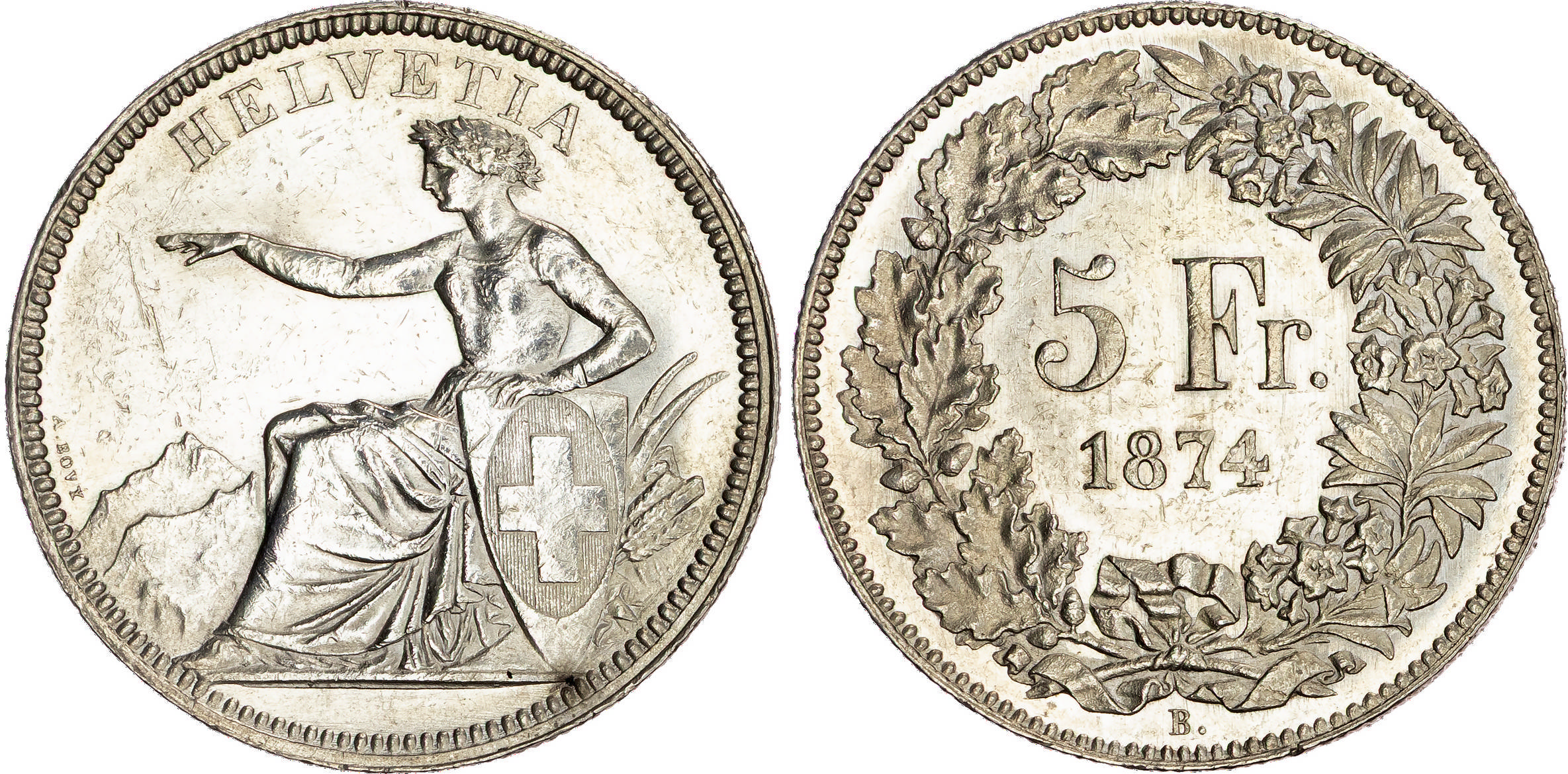 Switzerland, silver 5 Francs, 1874 B