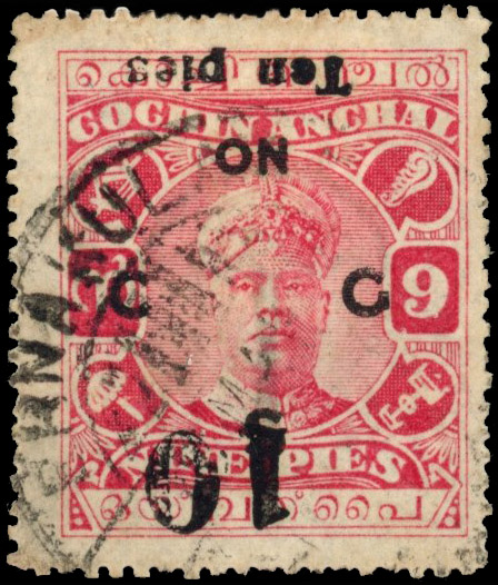 I.F.S Cochin SG O22var 10p on 9p surcharge inverted forgery