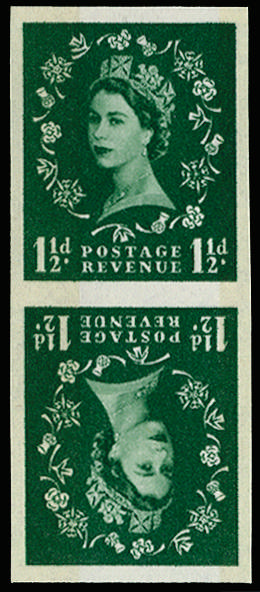 GB 1961 1½d Green (Wmk. Crowns sideways, 2 Bands reacting blue Cream paper). Superb unmounted o.g verti… SG612a var