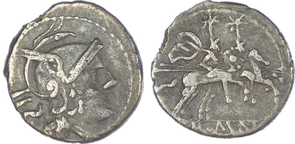 Anonymous (c. 211-208 BC) AR Sestertius, Rome, 1.01g. Helmeted head of Roma facing right, IIS behind. Rev. The Dioscuri,