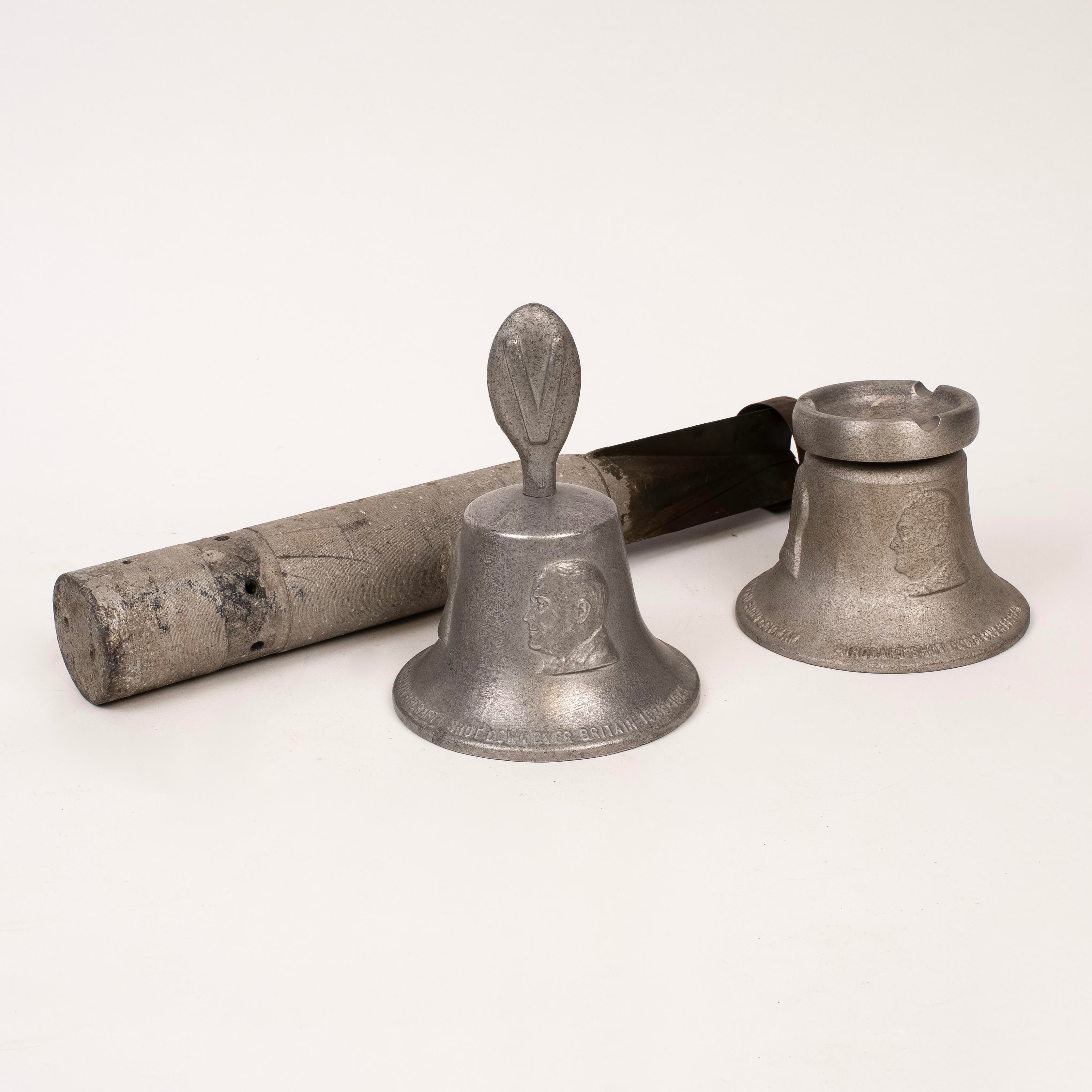 RAF Benevolent Fund Bell and Ashtray, made From German Aircraft Shot Down Over Britain, 1kg German Incendiary bomb, inert