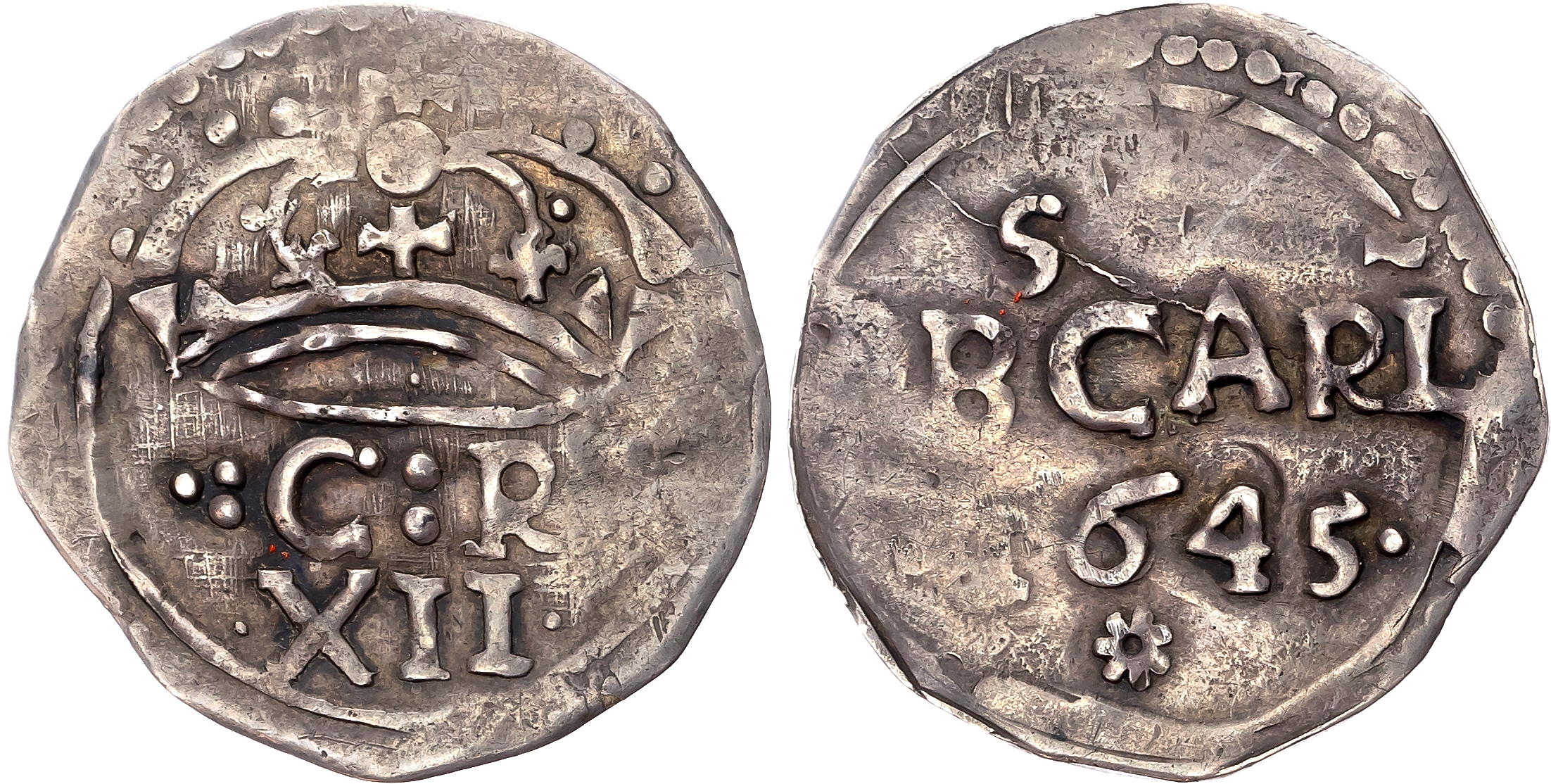 Charles I (1625-49), AR Shilling 1645, Carlisle besieged in the name of Charles I, Type II. Large crown over C:R with tr…