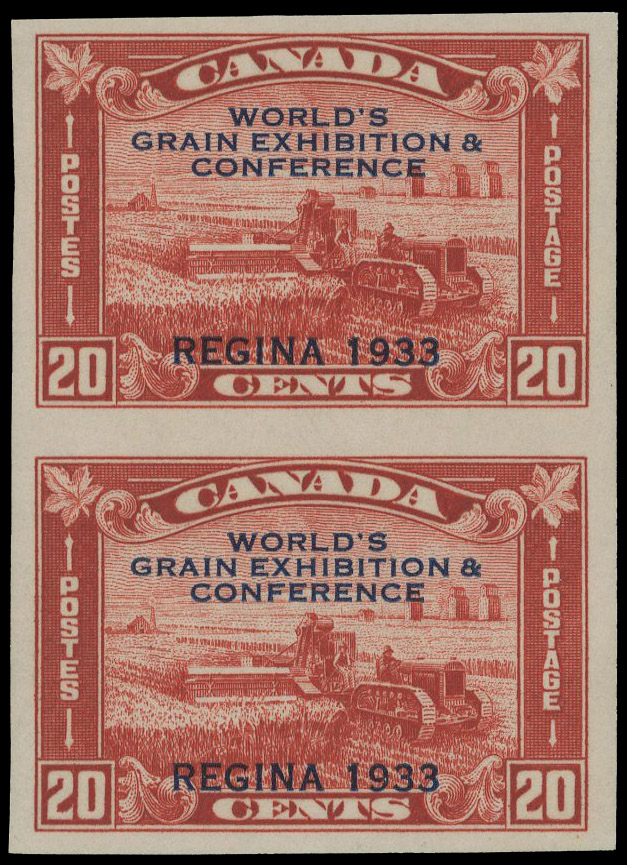 Canada 1933 Grain Exhibition 20c imperf pair