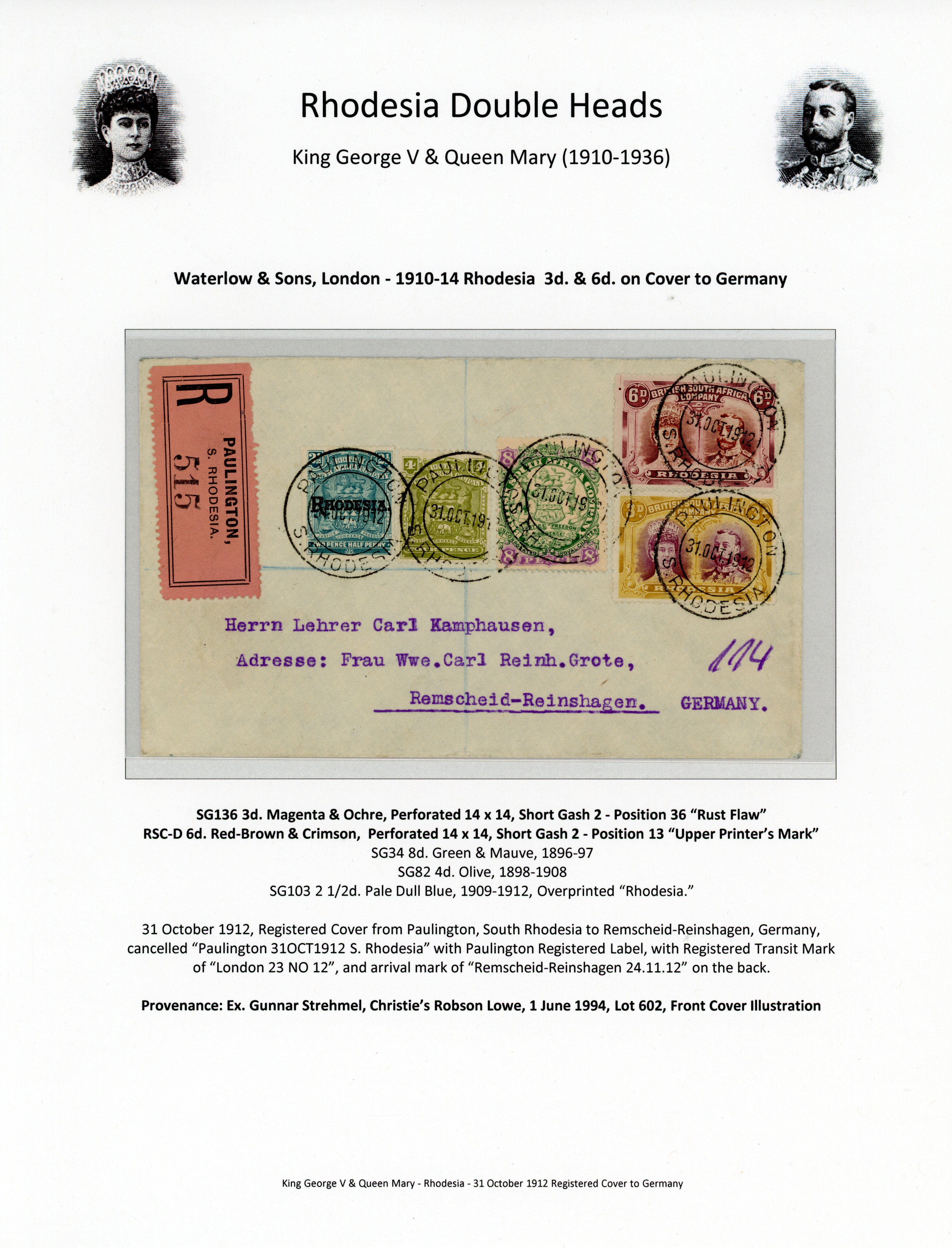 Rhodesia 1912 registered cover from Paulington to Germany