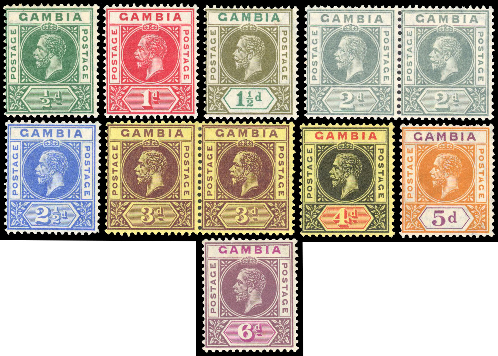 Gambia 1912-22 short set to 6d each with Split A variety