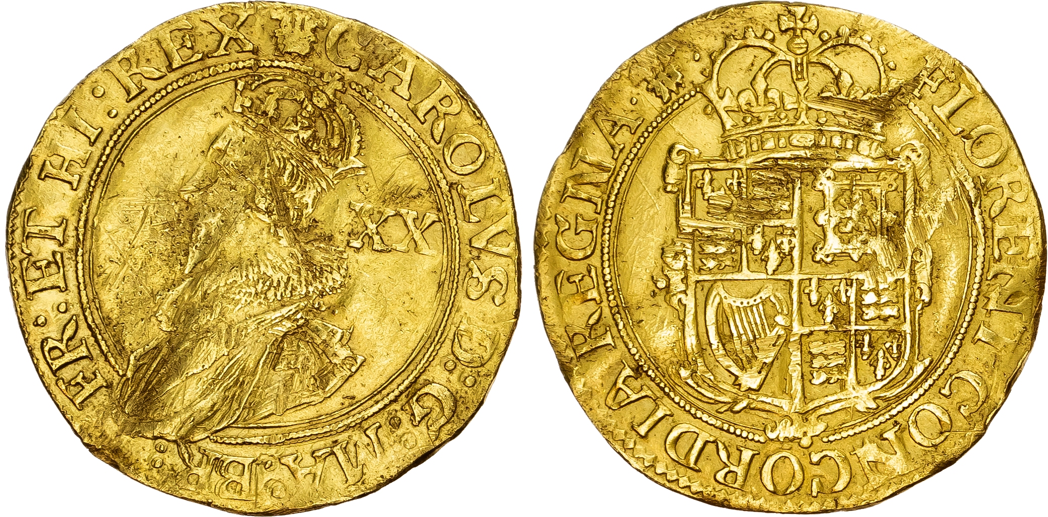 Charles I (1625-1649) Unite of twenty shillings, Tower mint under the King, Group B, mintmark plume (1630‑31). 