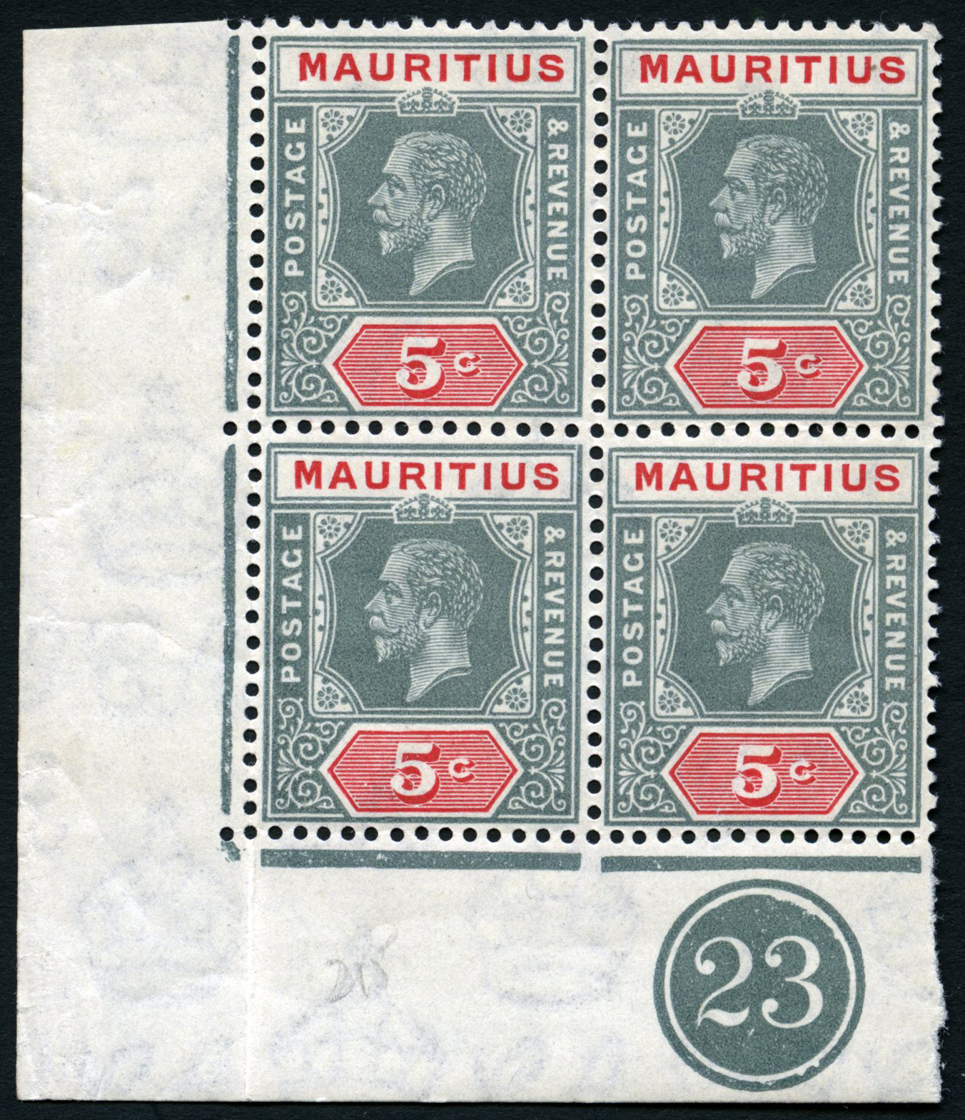 1932 5ct grey and carmine Die 1 Keyplate 23 block of four from LL corner of LP u/m, folded between stamps and left...