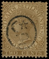 1878 Straits 2c brown with Star and Crescent handstamp, small part o.g.  Toned.  BPA Certificate (1974).  SG 1,...