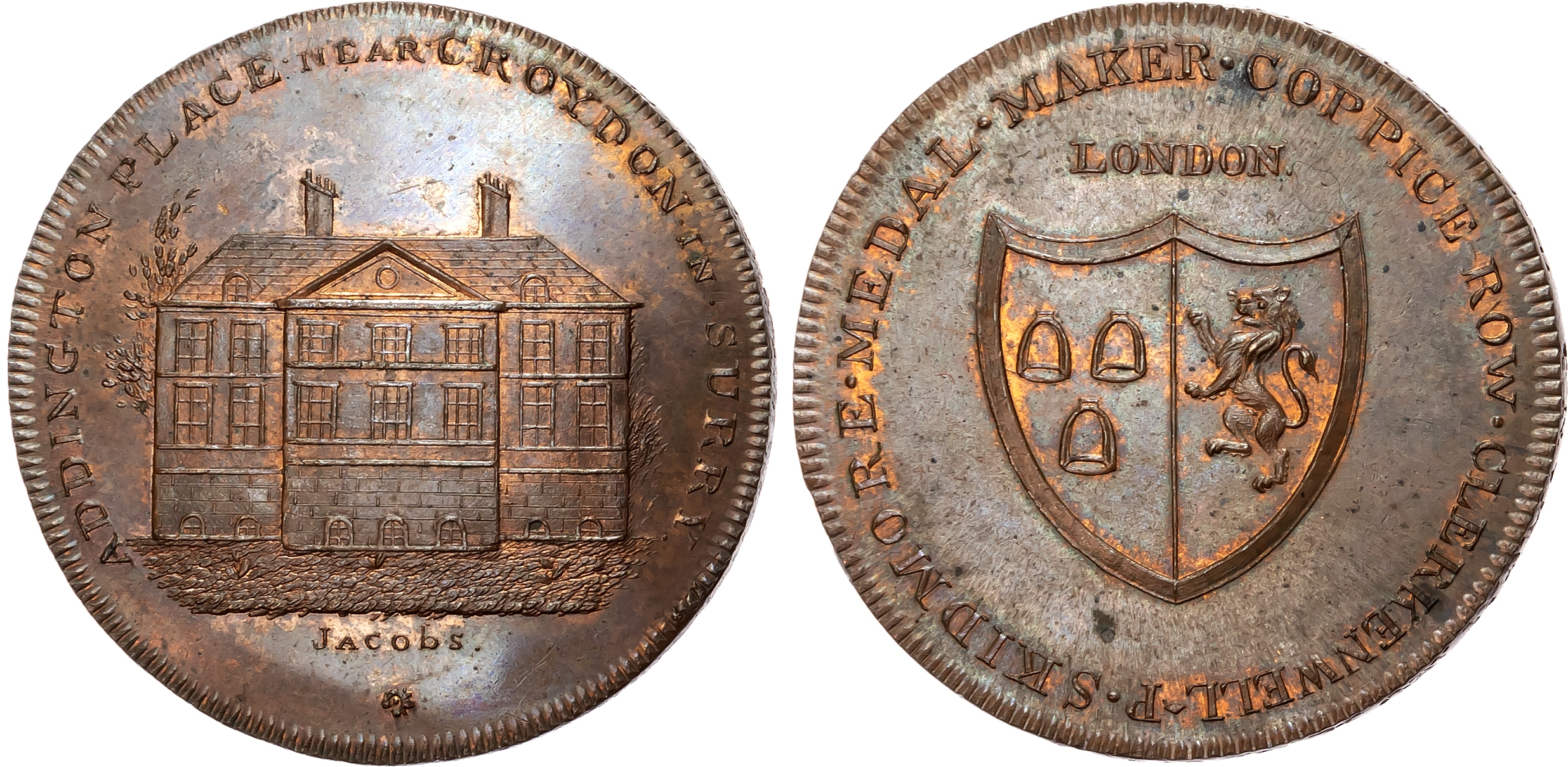 Surr.  Croydon , Skidmore’s Clerkenwell Series Penny (c. 1797), Addington Place, Croydon, Surrey, rev . Shield of Arms,  …