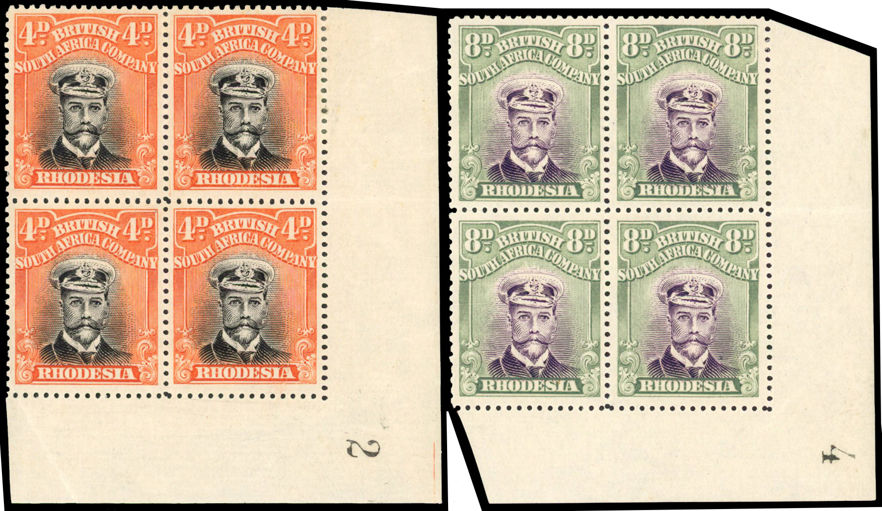 Rhodesia 1922-24 4d, 8d, 10d, 1s sheet number blocks of 4