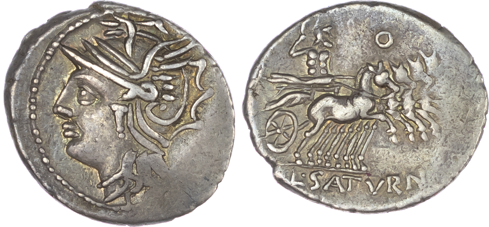 Lucius Appuleius Saturninus (104 BC) AR Denarius, Rome, 3.89g. Helmeted head of Roma facing left. Rev. Saturn, holding harpa