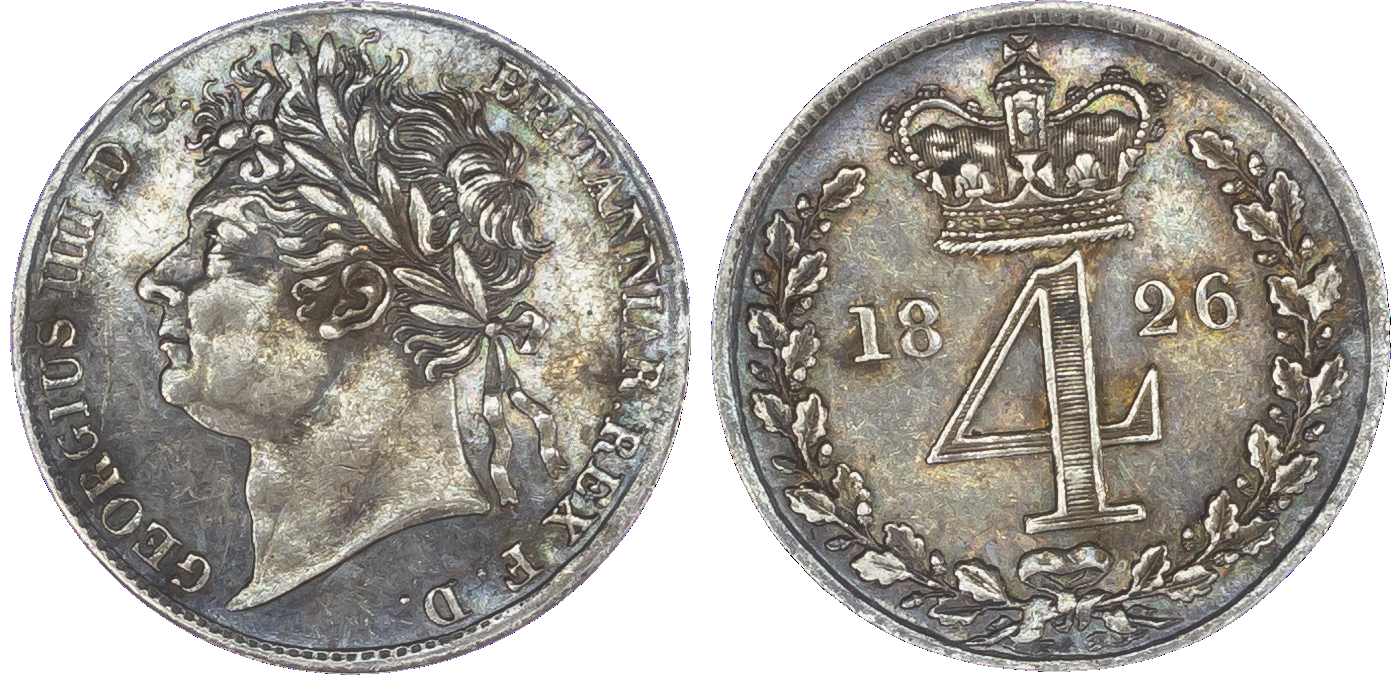 George IV (1820-30), Maundy Set, 1826, Fourpence, Threepence, Twopence, Penny, laureate head left, toothed borders, legend