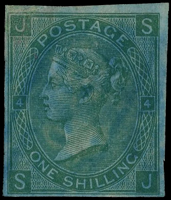 1867 1s Green Pl.4. (Dr. Perkins blued security paper). Very fine unused imperforate example of this scarce paper trial …