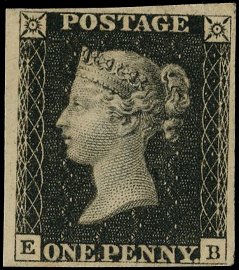 GB: 1840 1d black, Plate 6 (EB) four margins, fine appearance unused o.g. 